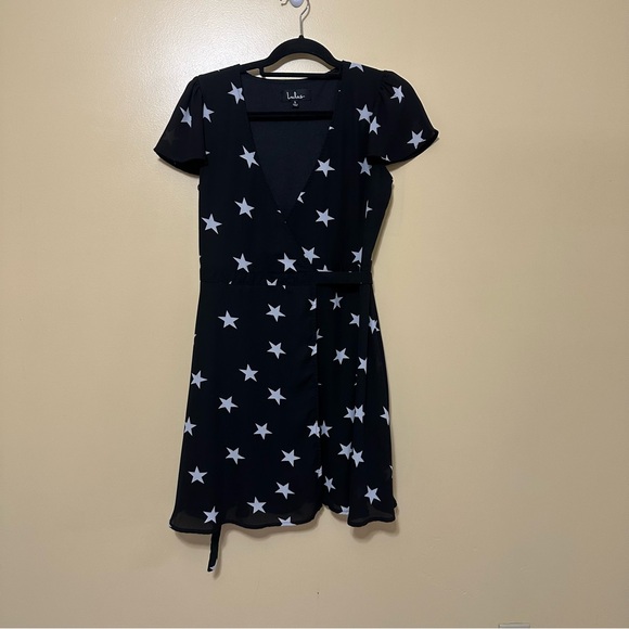 Lulus Star Struck Love Printed Wrap Mini Dress Women S Black - Picture 4 of 7